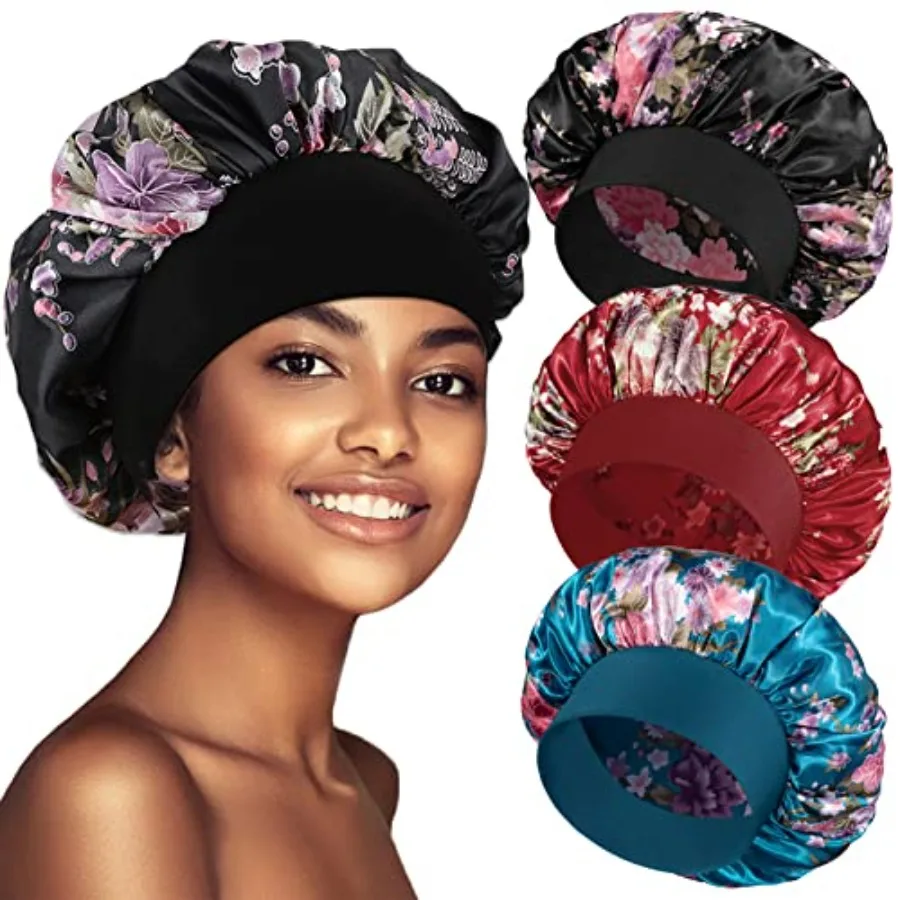 

3 Pack Satin Bonnet for Sleeping: Satin, Black, Extra-Soft Wide Band Large Fit for Curly Hair and Braids