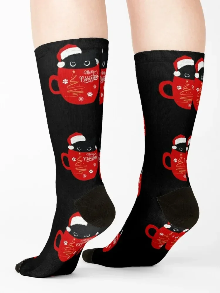 Santa Black Cat Tangled Up In Christmas Tree Lights Holiday Socks anime hip hop winter thermal cute Socks For Man Women's