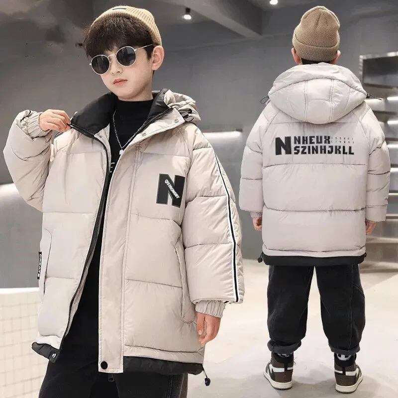 

Kids Boys Down Jackets Winter Warm Coat Children Hooded Outerwear Teen Black Waterproof Clothes Students Thick Parkas 4-14 Y