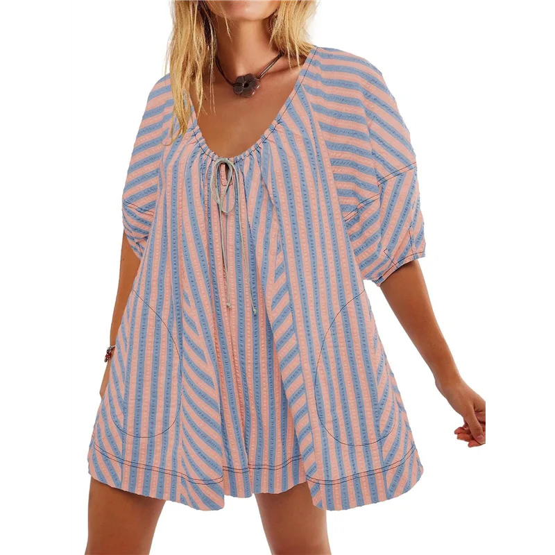 

AOAO-Womens Oversized Striped Romper Dress Shorts Jumpsuit Beach Vacation Clothes With Pockets