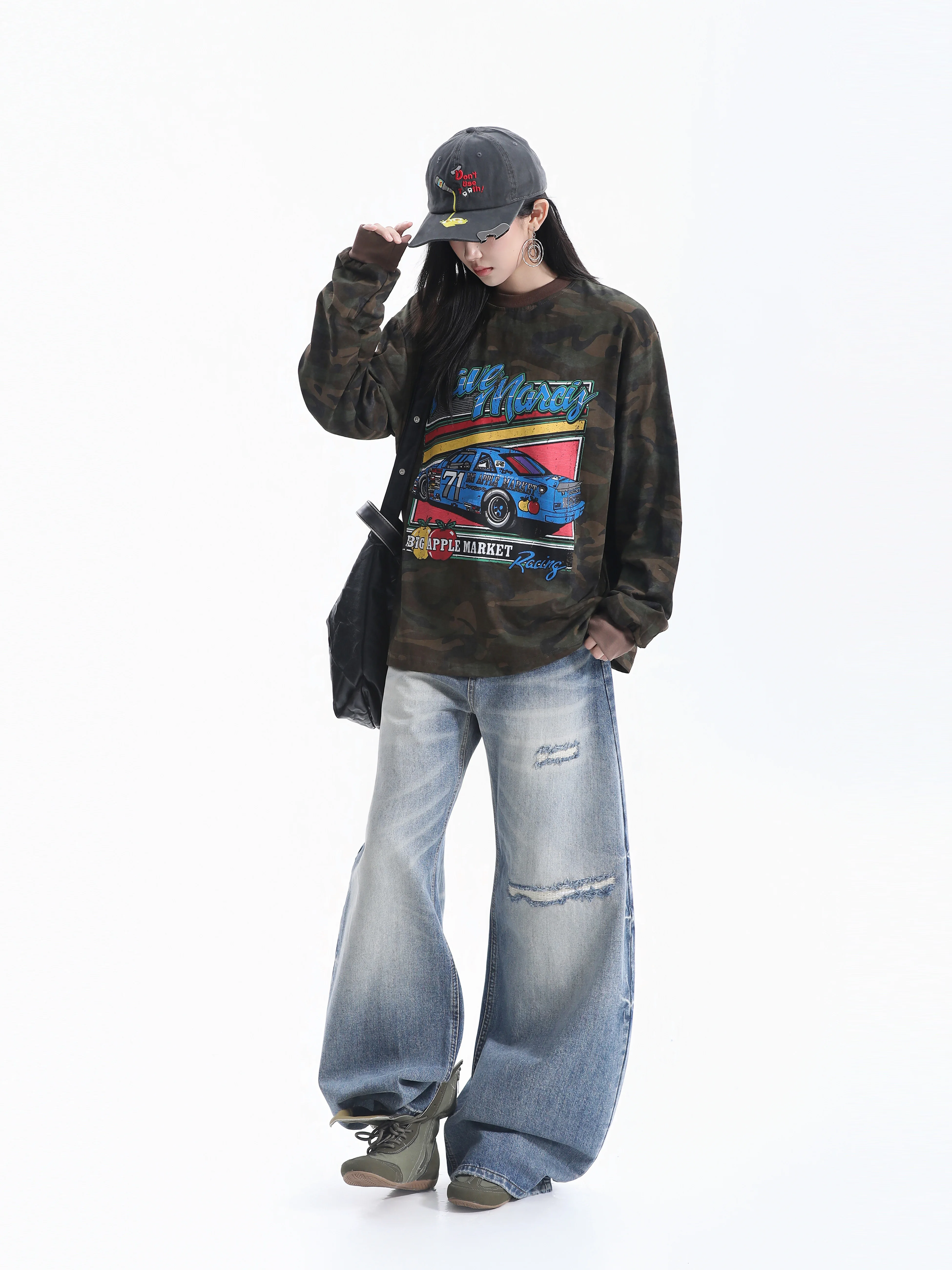 Loose Fit Camouflage Long Sleeve T-Shirt Women's Retro Cartoon Print Neutral Style Casual Loose Ball American Streetwear