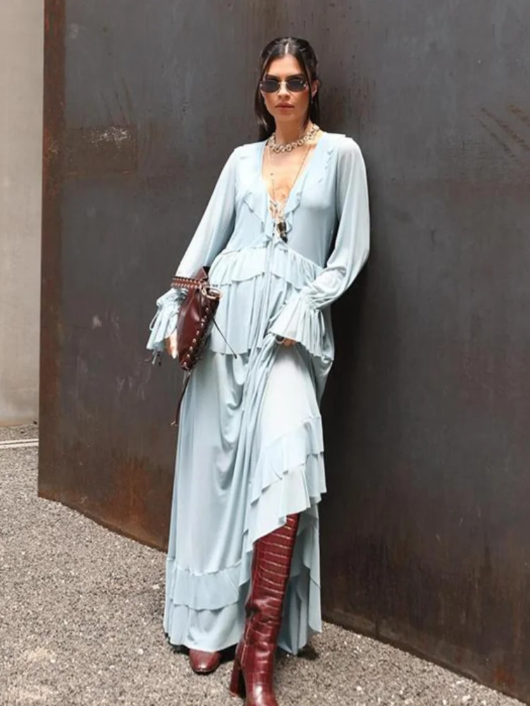 

Blue Baggy Layered Ruffle Maxi Dress Street Deep V Women Flare Long Sleeve High Waist Lace Up Robes New Fashion Lady Y2k Outwear