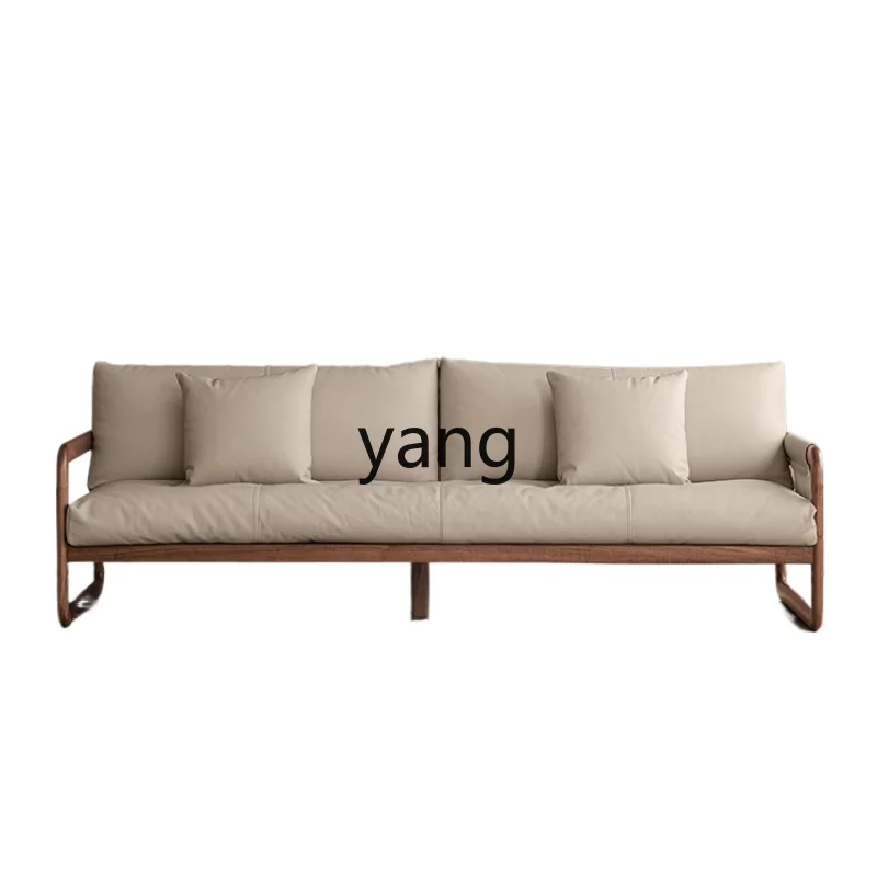 Yjq Black Walnut Solid-Wood Leather Sofa Three-Seat Small Apartment Simple Living Room Furniture