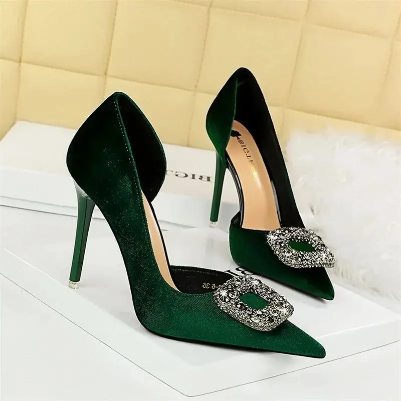 Women Super High Heels Velvet Pumps Shallow Mouth Pointed Toe Side Hollow Mental Rhinestone Crystal Buckle  Purple Shoes