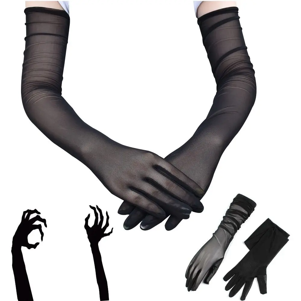 Sarung Tangan Panjang Transparan Hitam Tipis Berenda Benang Jaring Solid Bersirkulasi Lembut Elastisitas Pesta Halloween Pertunjukan Pria Wanita