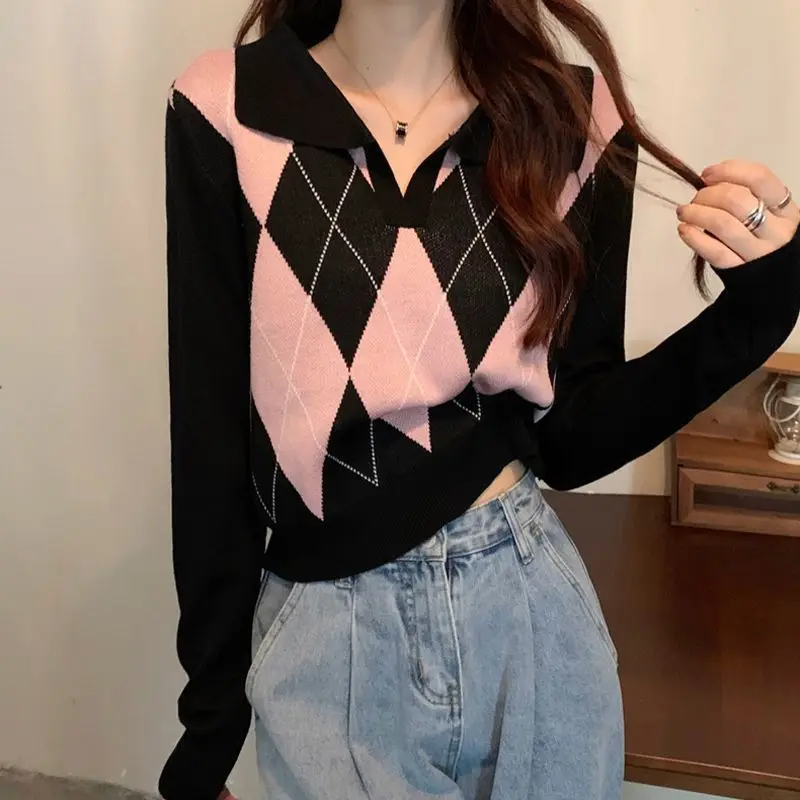 Spring Trend Patchwork Knitting Turn-down Collar Long Sleeve Pullovers Women Clothing Preppy Style Plaid Slim Sweater Femme Tops