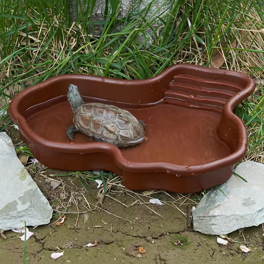 Turtle Water Tank Water Dish Bathtub with Anti-slip Ladder Drainage Hole for Tortoise Habitat Landscaping Water Basin for Turtle