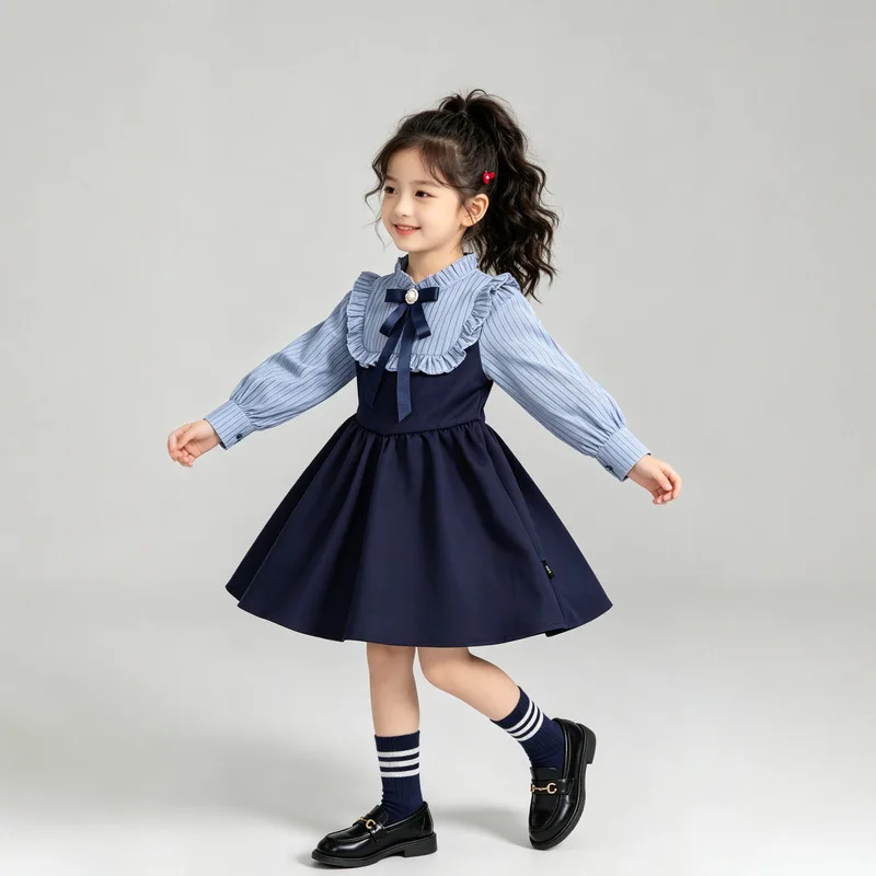 Girls' Spring and Autumn New College Style Blue and White Striped Bow Long Sleeve Faux Two-Piece Princess Dress