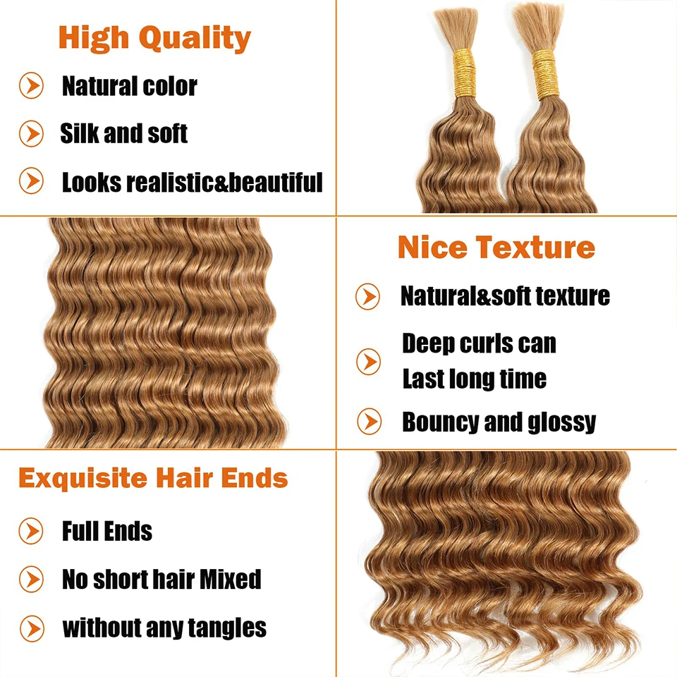 Deep Wave Bulk Cabelo Humano para Trançar, Sem Trama Cabelo Virgem, Extensões Encaracoladas, Tranças Boho, 27 Cores, 28 Polegada