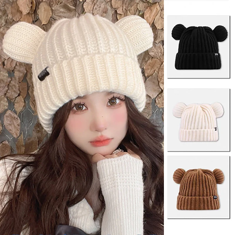 Korean Women Hooded Beanies Winter Warm Ear Protection Headgear Wool Knitted Bib Scarf Cap Cartoon Bear Girl Crochet Bonnet