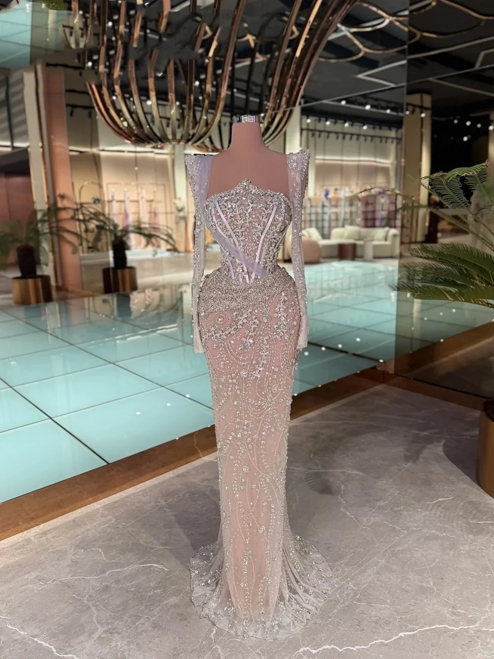 فساتين سهرة أنيقة بأكمام طويلة مطرزة بالخرز فستان حورية البحر للحفلات الراقصة مخصص بطول الأرض من الدانتيل #3