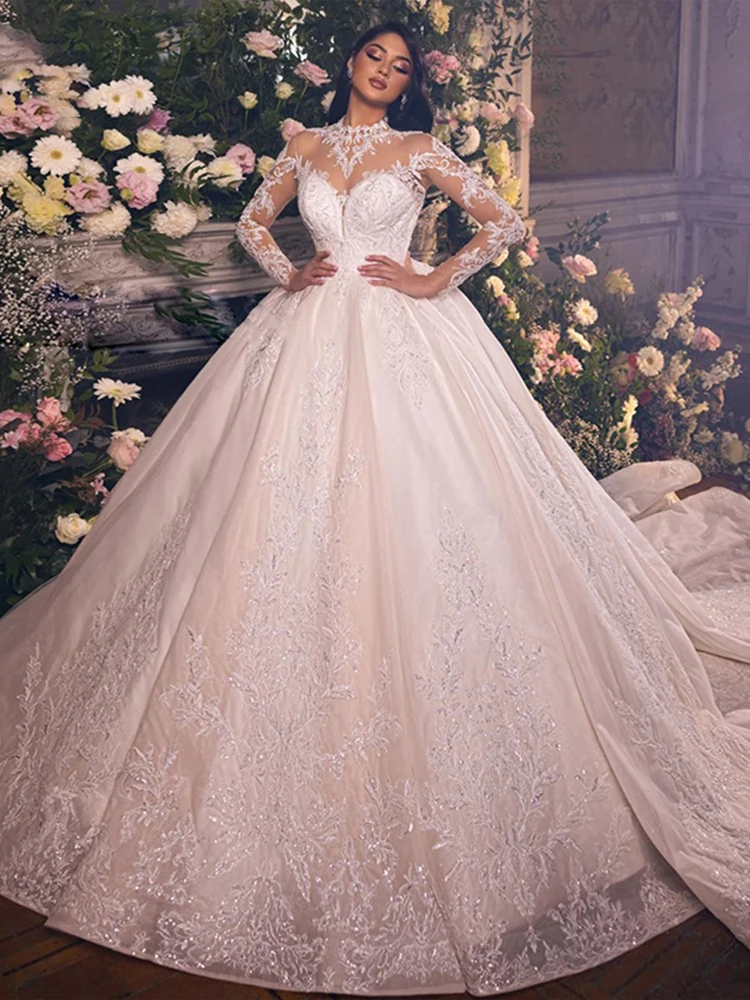 فستان زفاف رشيق مطرز بالدانتيل على الشبكة مع ثوب حفلة الأميرة برقبة عالية وأكمام طويلة مخصص لحفلات الزفاف فيستدو دي نوفيا