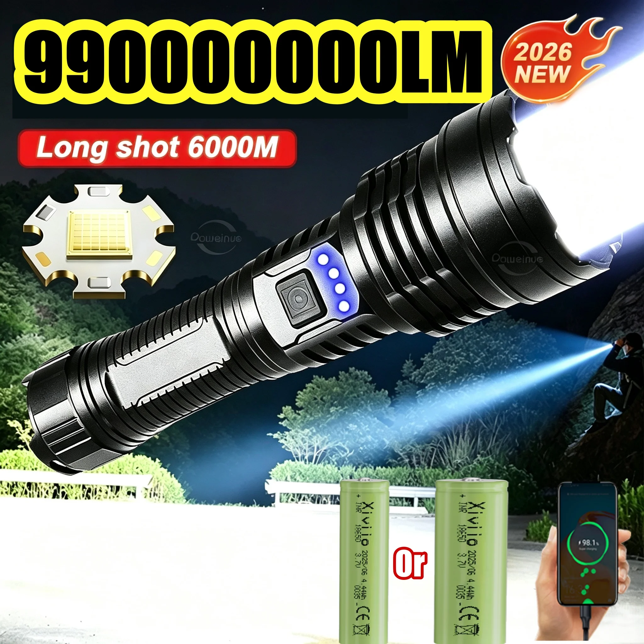 xhp360-led懐中電灯-6000mの照射距離、長距離対応、タクティカルライト、充電式、防水、キャンプ、狩猟、緊急時に最適。
