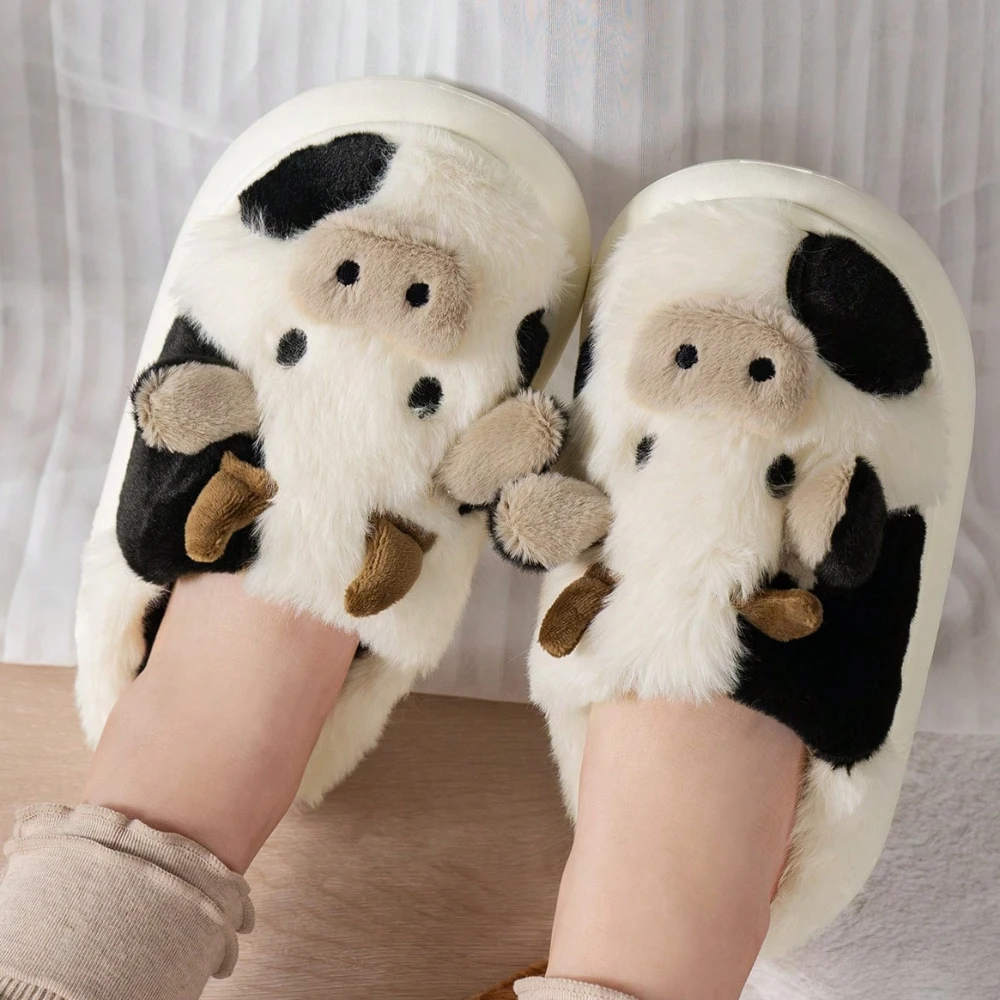 Cute Cow Winter New Children Slipper Soft Heel Platform Fur Warm Indoor Comfortable Home Fluffy Home Slippers