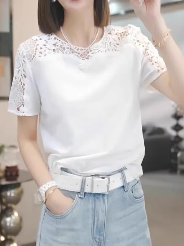 Lace Hollow out Pure Cotton Short Sleeve T-Shirt Women Summer plus Size Slimming round Neck Overhead Shirt Korean Style Commute