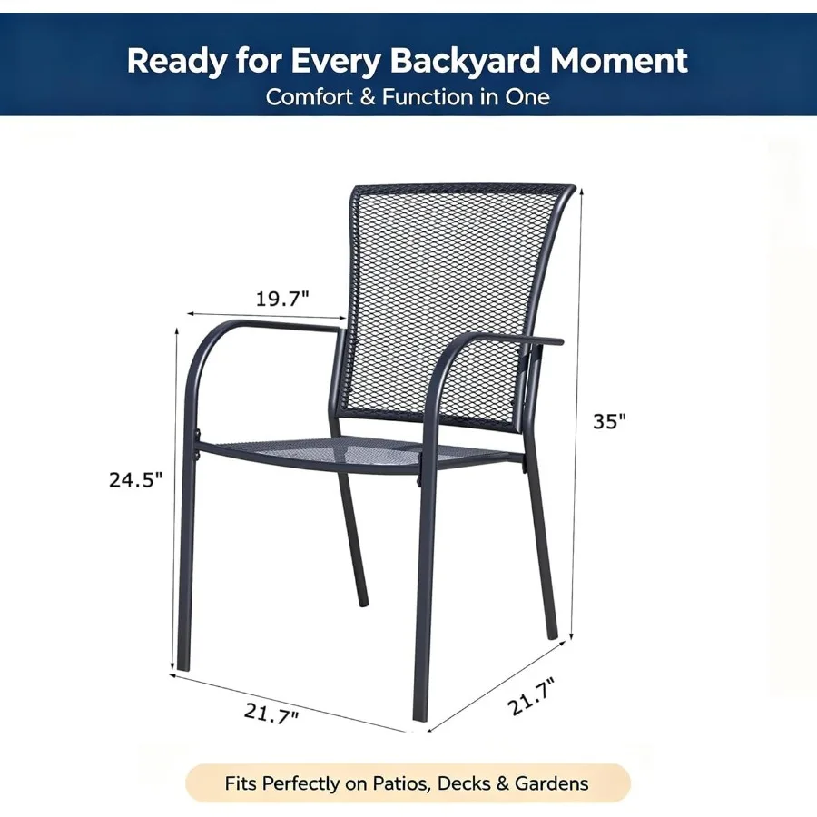 Stackable Metal Mesh Patio Dining Chairs Set of 2, Iron Outdoor Backyard Garden Porch Chairs with Breathable Backrest & Rust-Resistant Coating