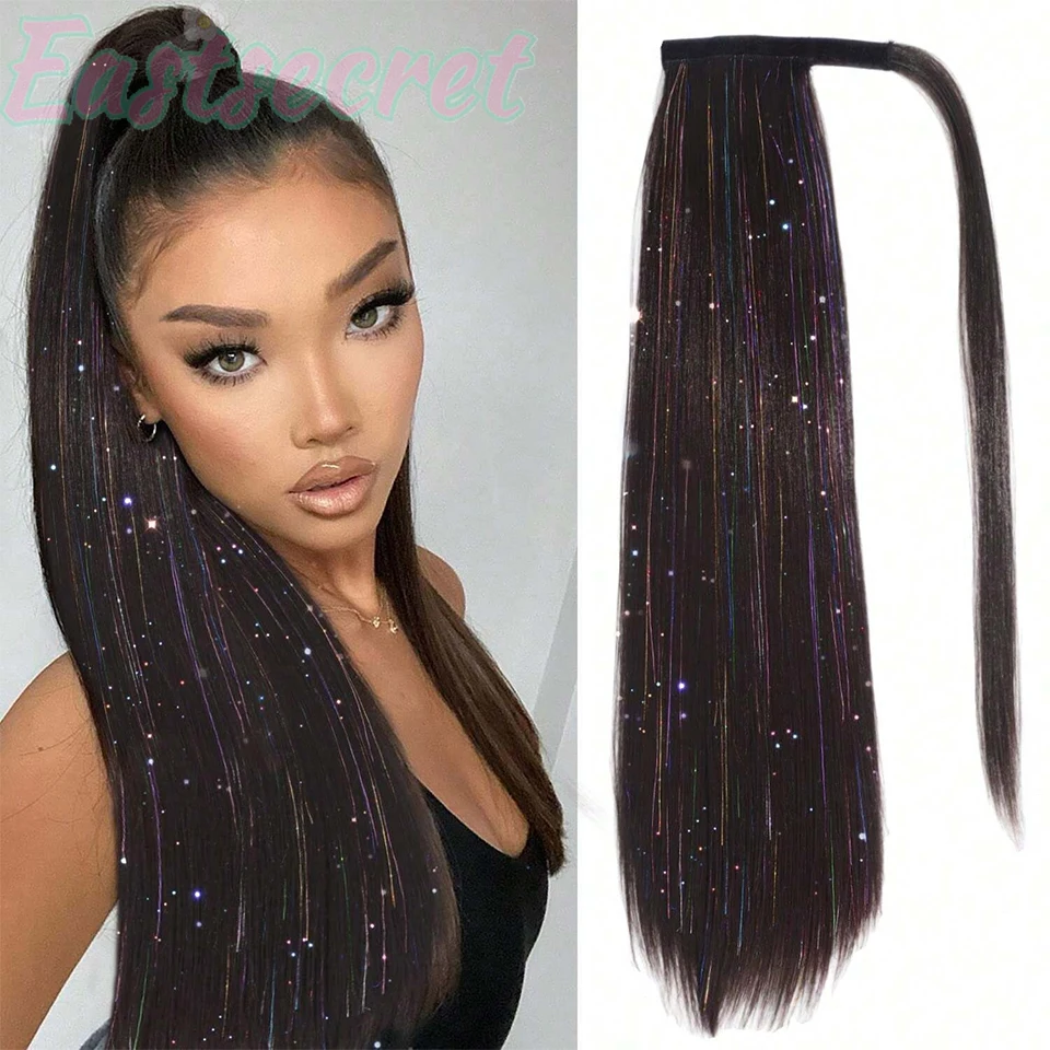 EASTSECRET Synthetic Wig Women's Velcro Strap Straight Ponytail Long Style Colorful Laser Silk Ponytail Hair