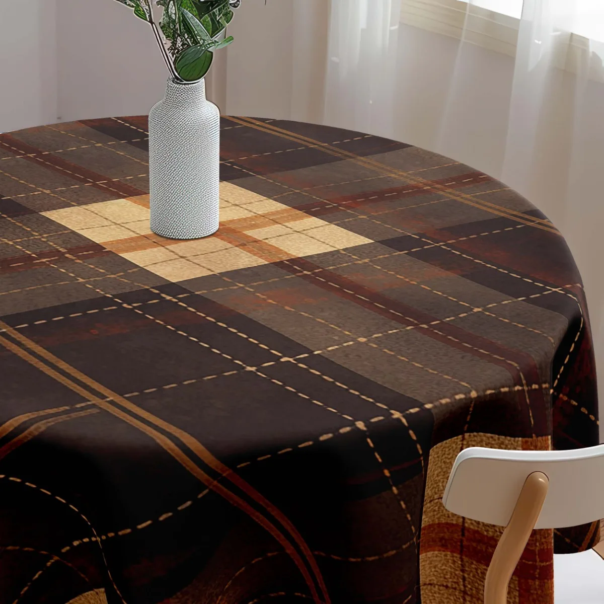 One piece of Bohemian-style checkered tablecloth, in red-brown check pattern, made of polyester.