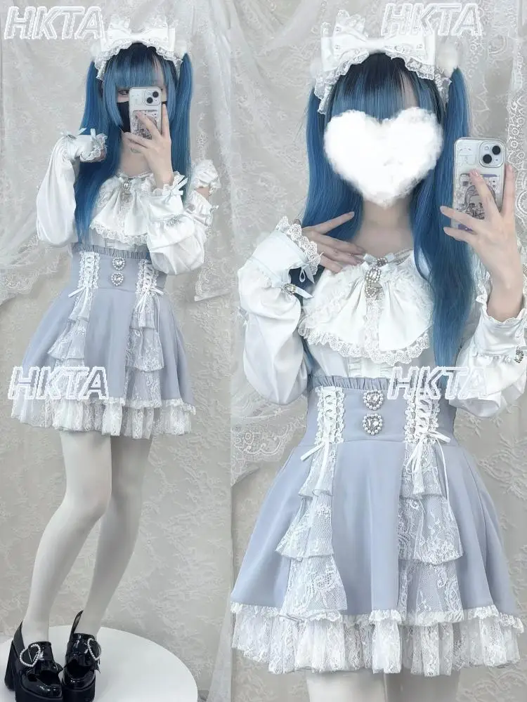 

Japanese Mass produced High Waiste Slim Sweet Rhinestone Two Dimensional Skirt Women Autumn Lolita Lace Cake Black Short Skirts