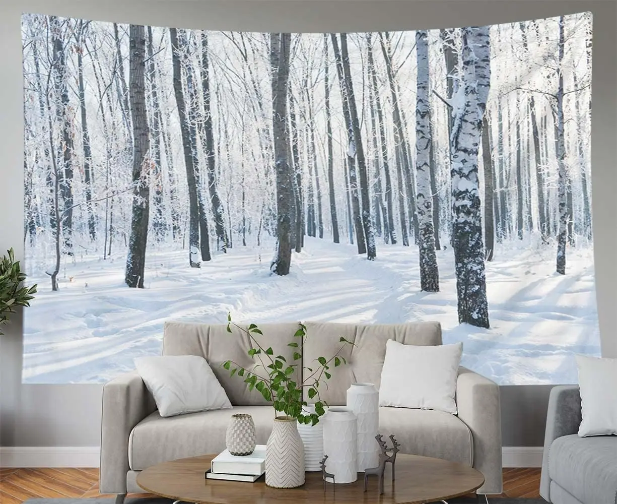 Winter Birch Forest Tapestry Snowy Landscape Wall Hanging Frosty Tree Scene Art for Bedroom Living Room Dorm Decor