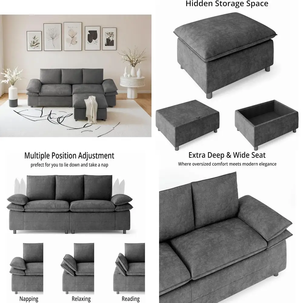 

Gray L-Shaped Sectional Sofa with Adjustable Armrests and Removable Storage Ottoman for Living Room, Apartment Use
