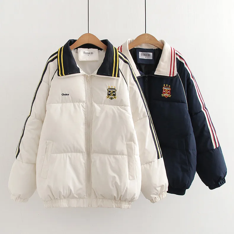 New 2025 Autumn Padded Jacket, Women Lapel Embroidery, Mori Girl Preppy Style OL Commute Warm Loose Outerwear, Winter C5N160CC