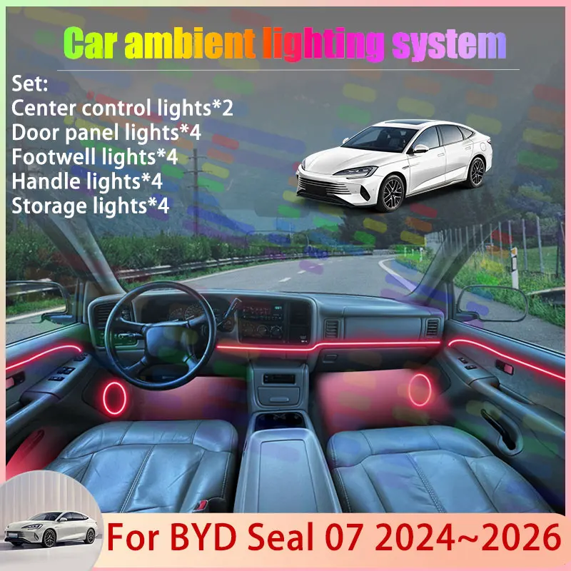 

Для BYD Seal 07 2024 ~ 2026 Destroyer HX 2/24 в 1, автомобильная атмосферная лампа, RGB абажур, ансамбль, стример, атмосферный набор, автозапчасти