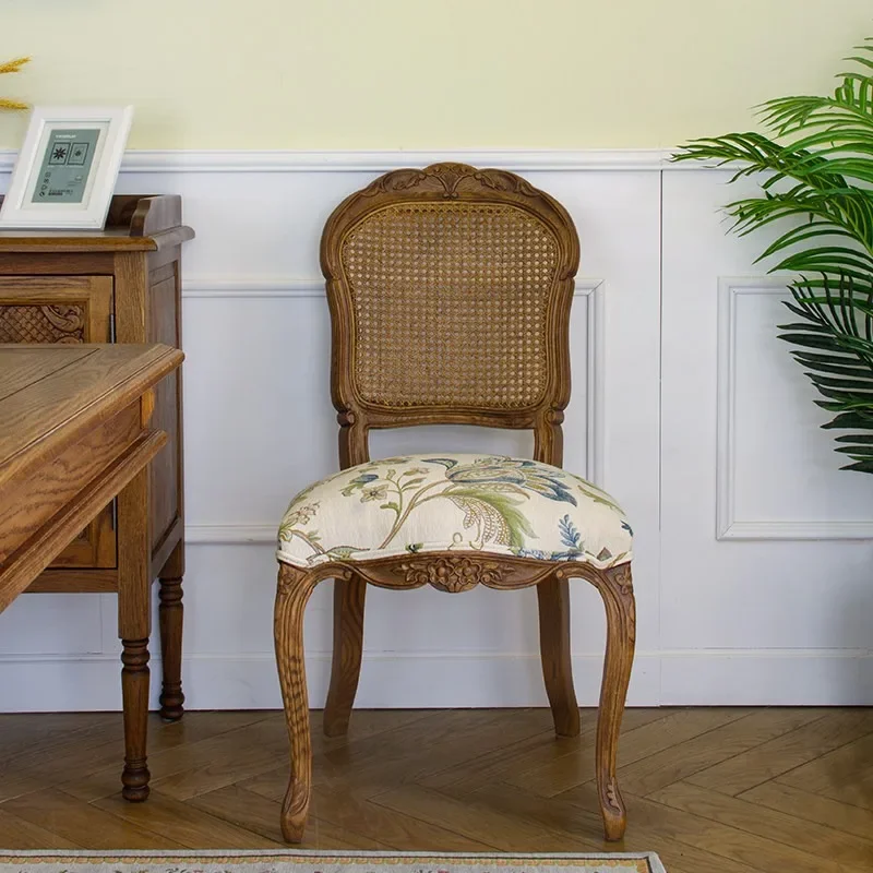 American country solid wood dining chair retro pastoral jacquard pattern fabric home with armrests leisure chair back chair