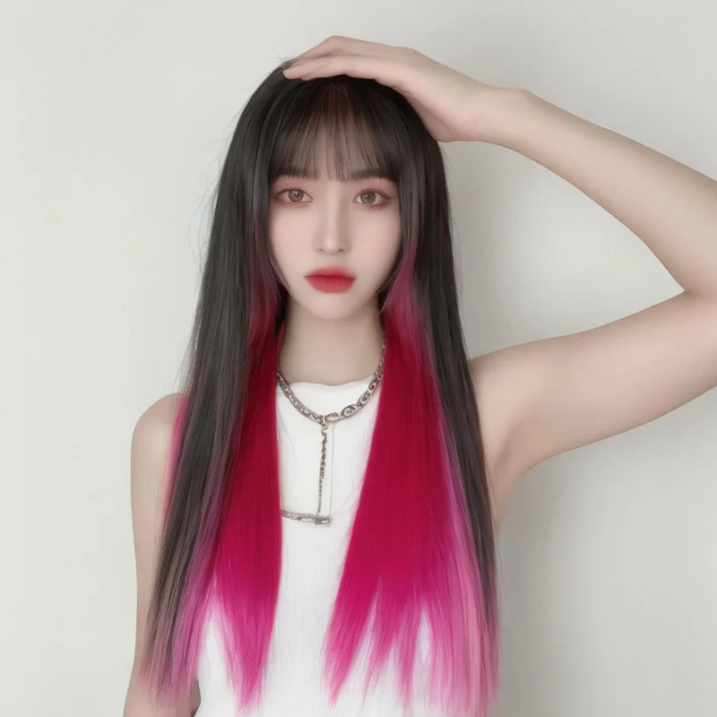 Anime wig for women, gradient color straight air bangs, machine-woven full headpiece with highlights, long hair p