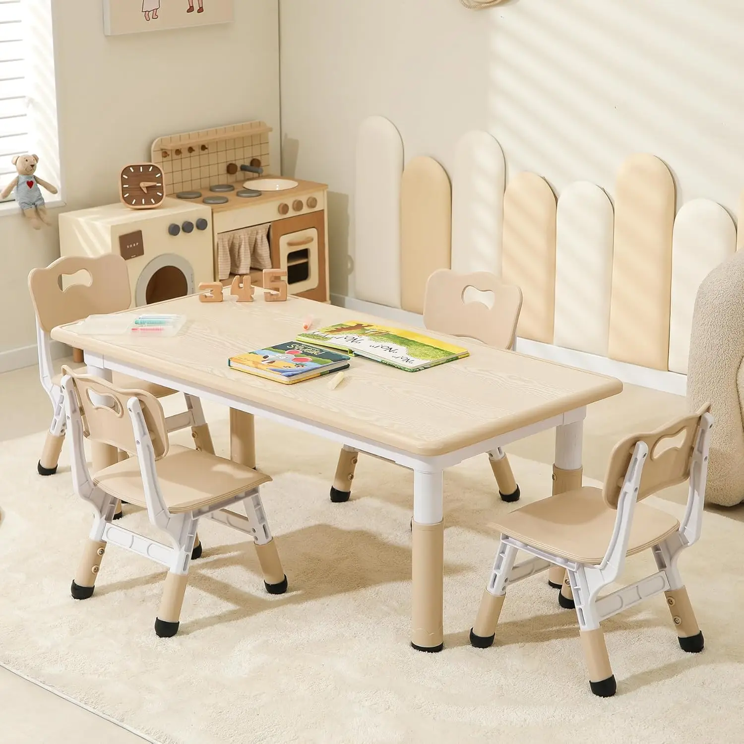 Table and 4 Chairs Set, Height Adjustable Toddler Table and Chairs Set, Graffiti Desktop Children Activity Table for Ages 2-10,