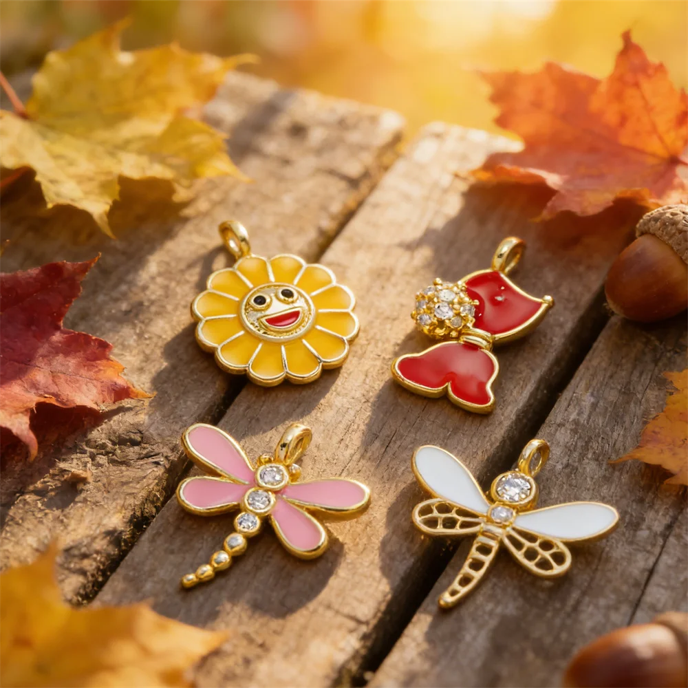 

3Pcs Pendant Cute Sunflower Dog Dragonfly Shape Brass Handmade Enamel Zircon for DIY Jewelry Making Bracelet Necklace Accessorie