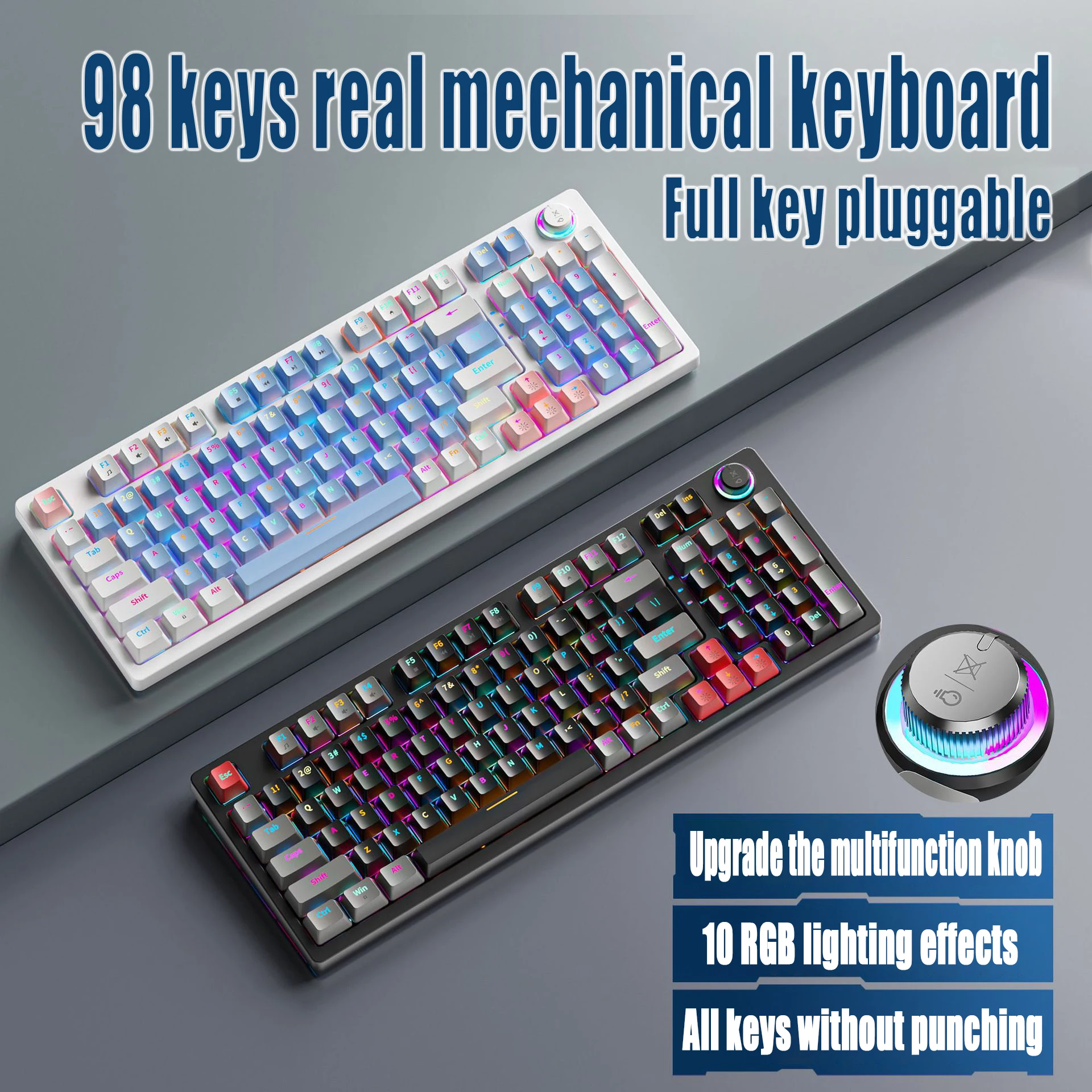 

98 Key ZA9810 Classic White Black Knob Wired Mechanical Game Keyboard USB RGB Black with Red Switch for FL Esports Teclado