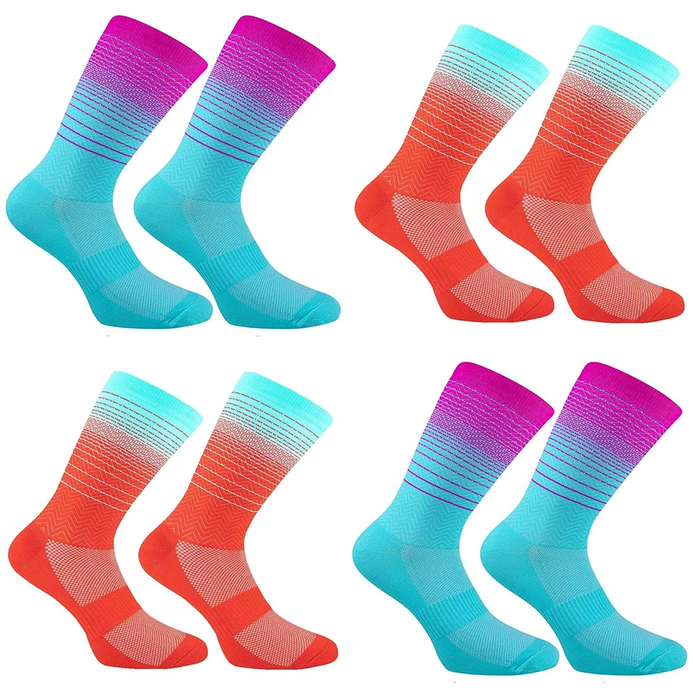 Unisexowe skarpety rowerowe do połowy łydki z gradientem kolorów, oddychające, odprowadzające wilgoć, kompresyjne skarpety sportowe.