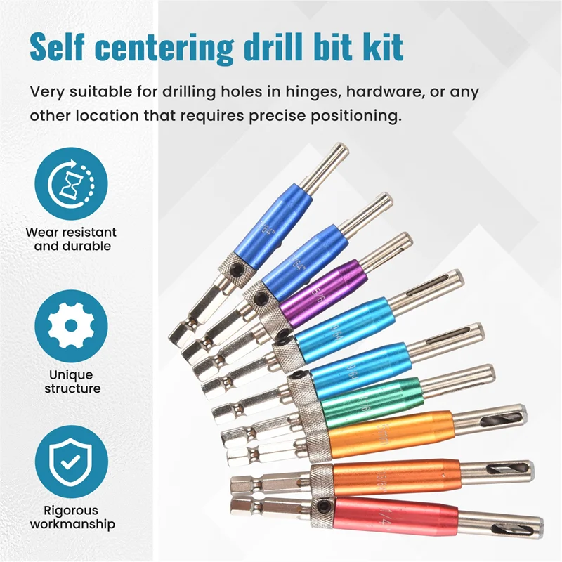 

Self Centering Drill Bit Set Kit 1/4Inch Hex Shank Vix Bit, 5/64In To 1/4In Center Drill Bit Set Custom Hinge Drill Bit Kit