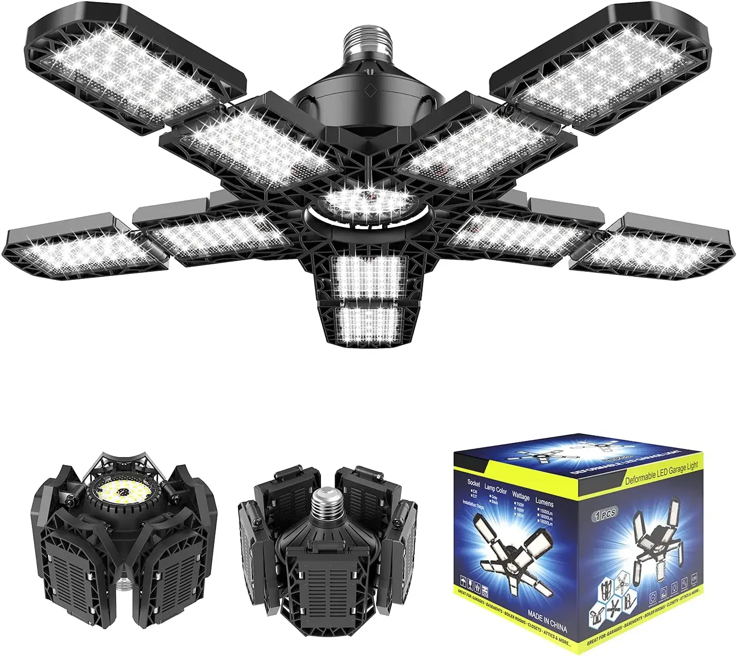 Led Garage Light 150W, 15000LM LED Garage Ceiling Lighting with E26/E27 Medium Base, 6000K Deformable LED Shop Light with 10+1 A