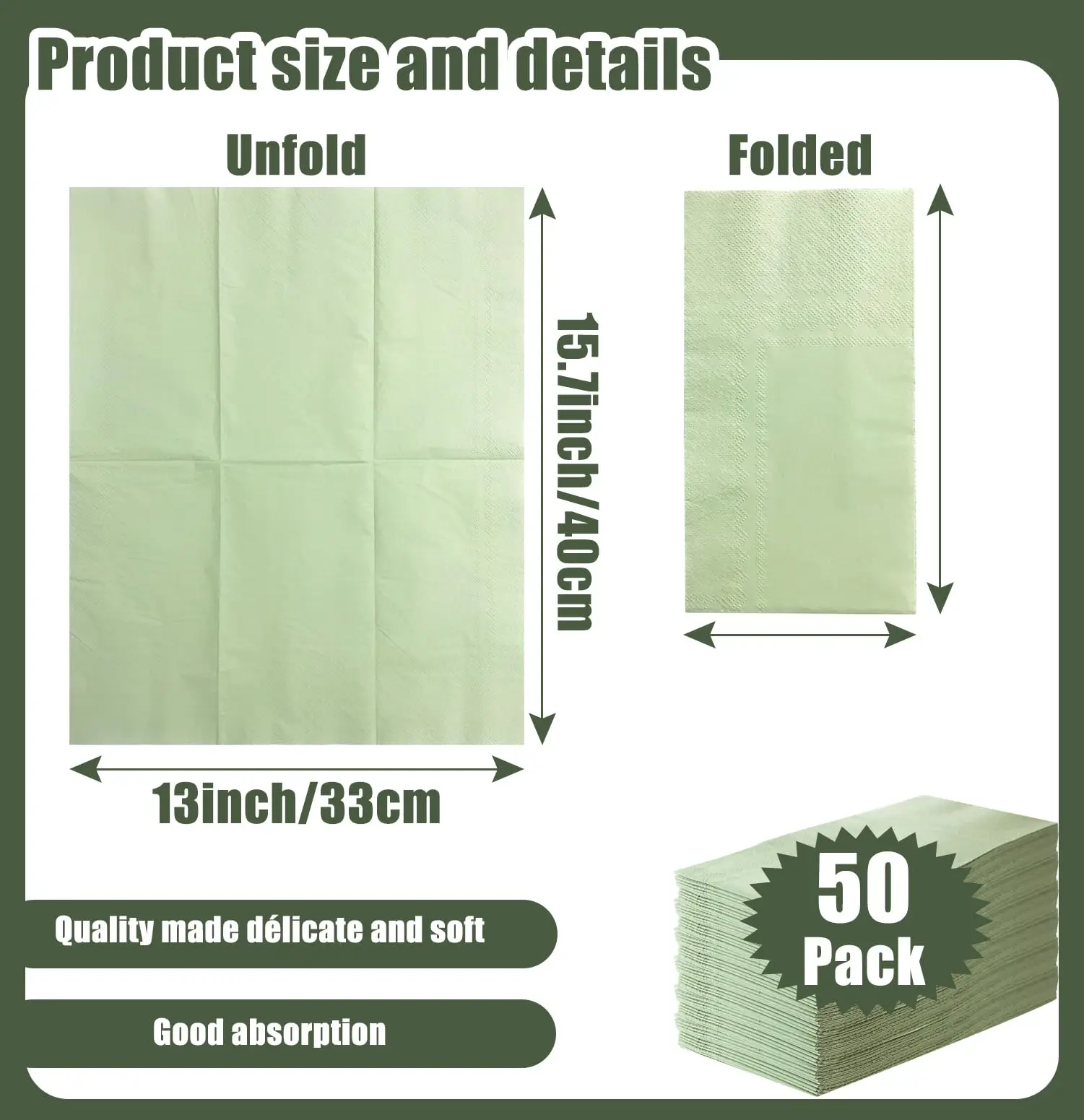 50/100PCS 2-ply Sage Green Dinner Napkins Cocktail Napkins Soft Hand Towel For Wedding Birthday Party Baby Shower 13x15.75 Inch