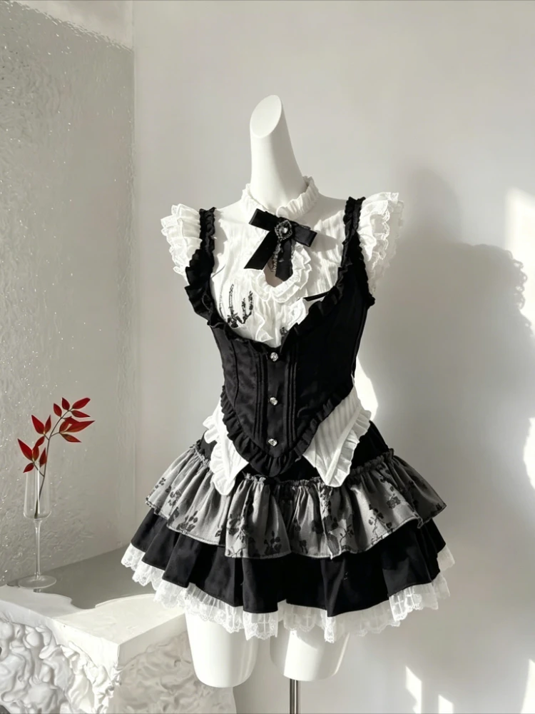 

Summer Casual Sweet 2 Piece Set for Women Lace Bow Tops + High Waist Design Mini Skirt Chic Retro Daily Cosplay Female Outfits
