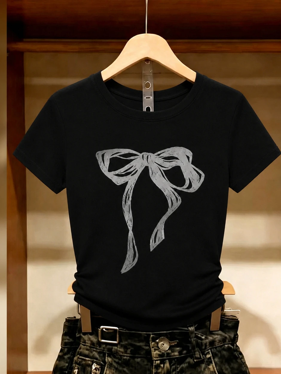 

Korean Style Knot Print round Neck Black Short Sleeve T-Shirt Casual Top Summer Design Sense Commute Fashion Ladies