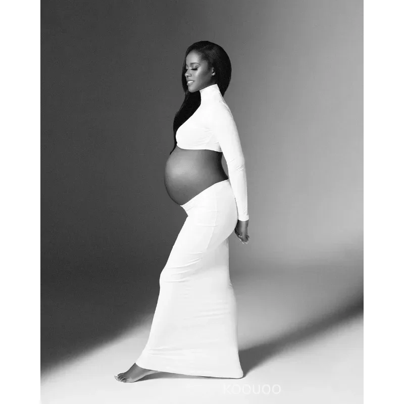 Maternity Photo ShootSolid Color Cutout High Neck Crop Top 2-in-1 Long Sleeve Bodycon Club Party Photoshoot Pregnancy Maxi Dress