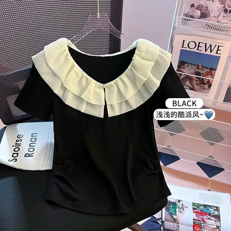 Wrinkled Ruffled Short-sleeved T-shirt for Women Summer Loose Irregular Half-sleeved Top JJ72