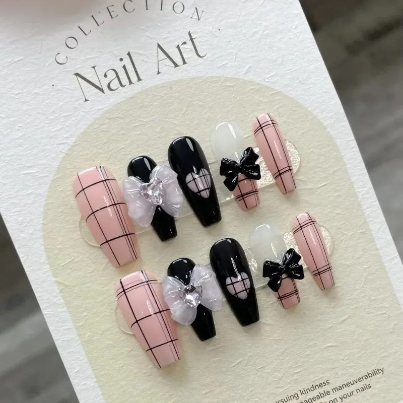 10pcs Handmade Anime Fake Press On Nails Professional Full Cover Japanese Decorated Manicuree With Bow Tie Wearable Nail Art Tip