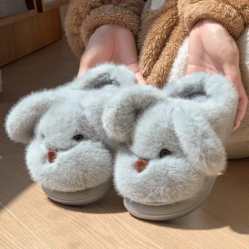 

Faux Fur Cute Dogs Cotton Slippers Women Thick Bottom Non Slip House Cotton Slippers Woman Winter Indoor Warm Plush Sides Lady