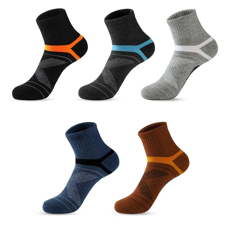 5 Pairs Men's Sporty Low-Cut Socks, Breathable Sweat-Wicking Anti-Odor Durable Running Fitness Socks, Versatile Casual Wear