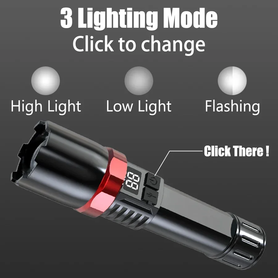 Powerful LED Flashlight, Type-C Rechargeable, High Power Zoomable, Waterproof, Portable for Camping, Hiking & Outdoor Survival