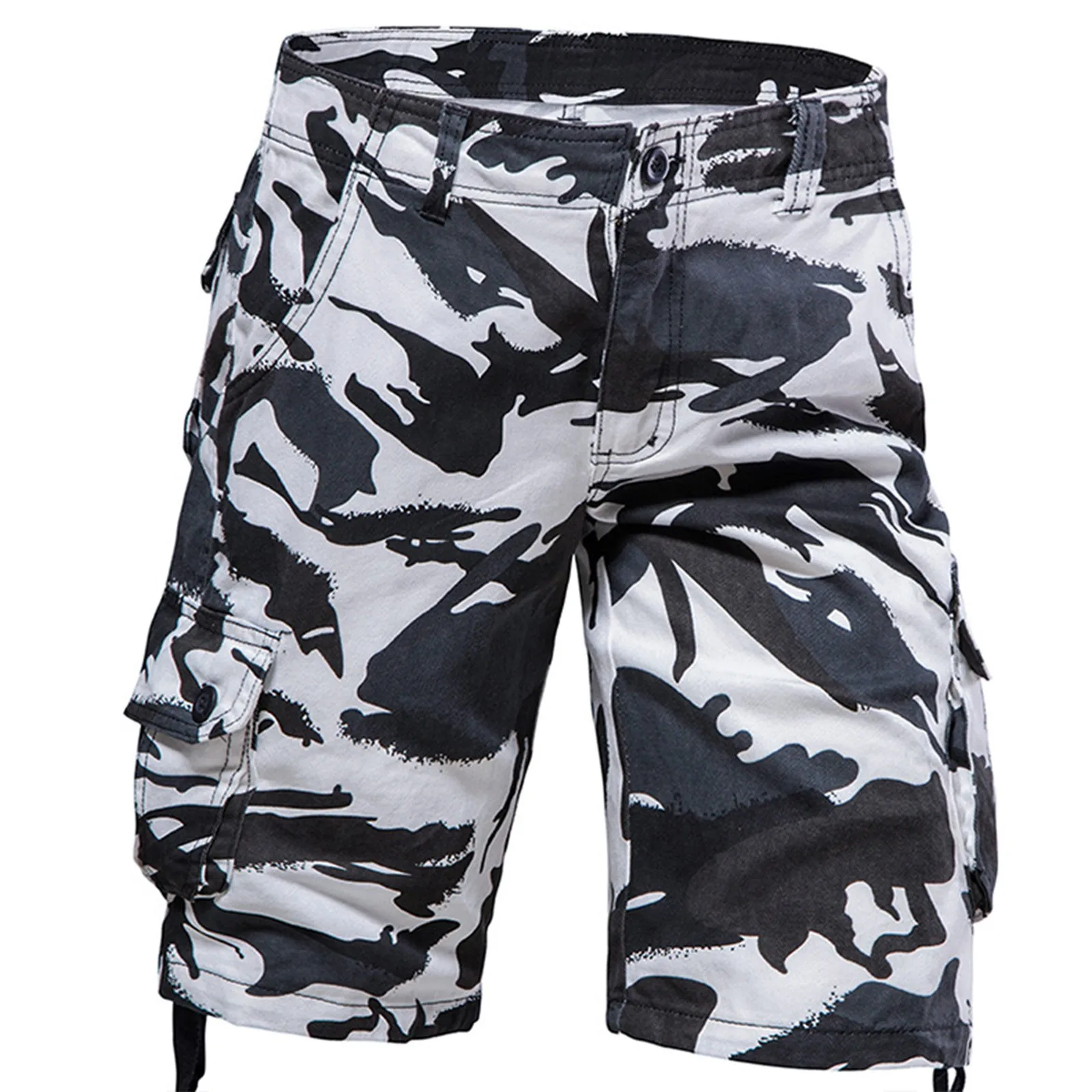 Shorts masculinos de camuflagem, calças largas para lavar, bolsos múltiplos, estilo coreano, verão, 2024