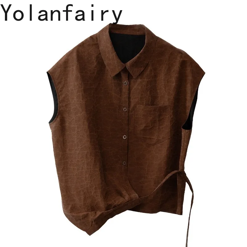 YOLANFAIRY 100% Mulberry Silk Shirt for Women Elegant Summer Blouse Tortoise Crack Gambiered Silk Drop Shoulder Short Sleeve Top