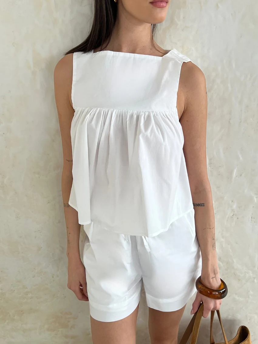 Marthaqiqi Cotton Female Nightgowns 2 Piece Set O-Neck Pajamas Sleeveless Sleepwear Tank Top Nightie Shorts Women Nightwear Suit