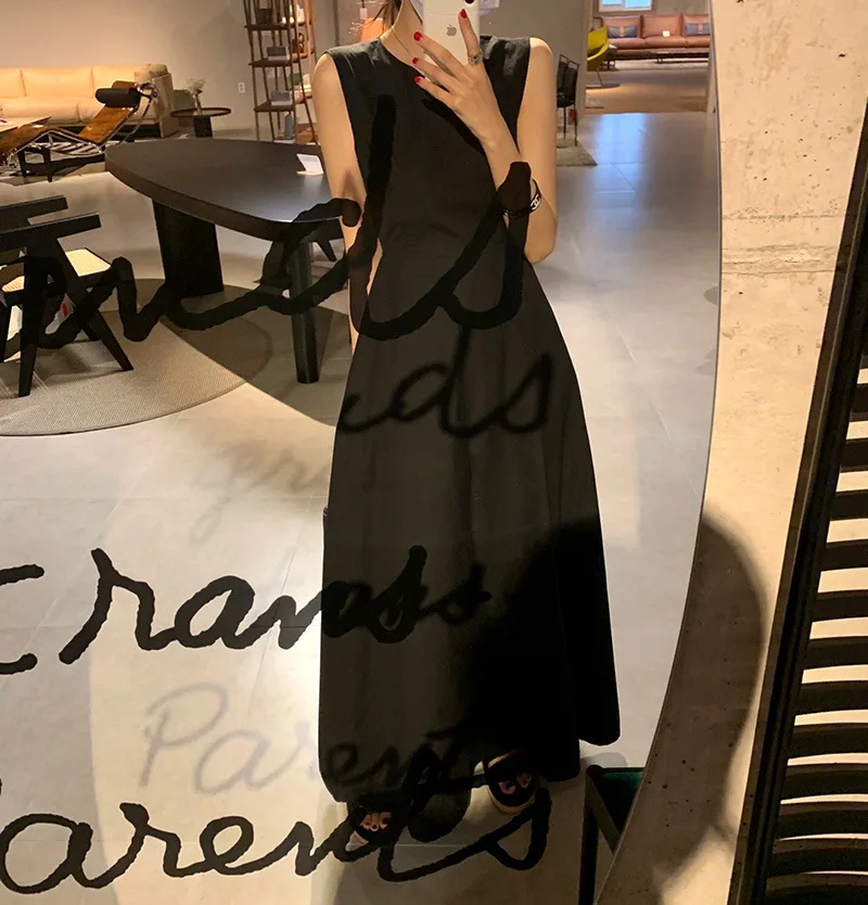 여성 백리스 원피스, 슬림해 보이는 조끼, 롱 스커트, 단색 디자인 센스, 여름 신상