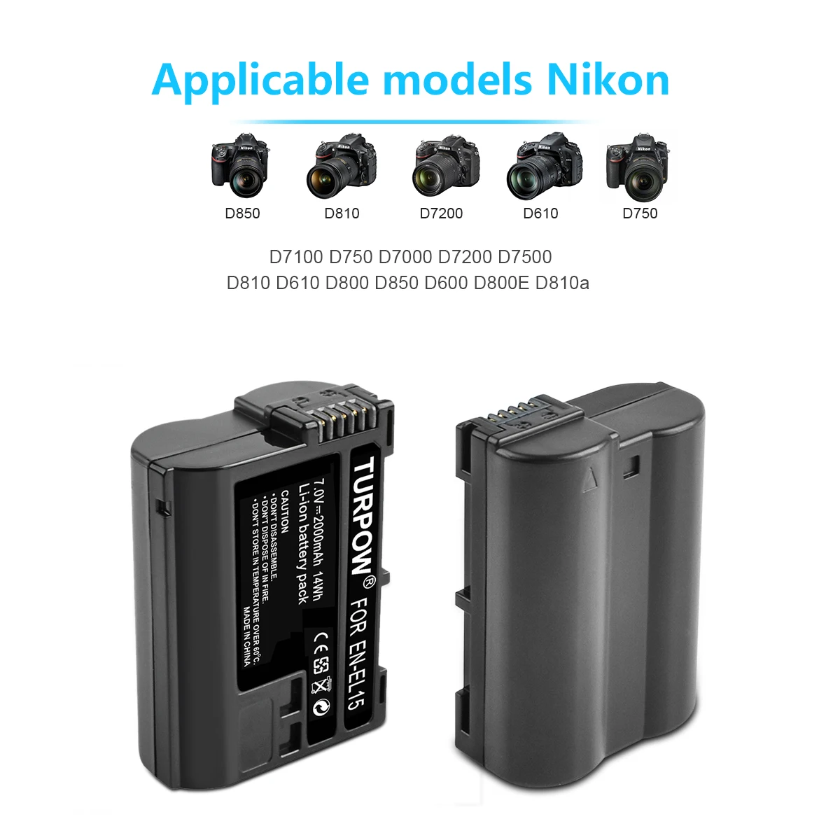 7V 2000MAH EN-EL15 Enel15 En El15 Camera Batterij Voor FOR Nikon Dslr D600 D610 D800 D800e D810 D850 D7000 D7100 D7200 Battery