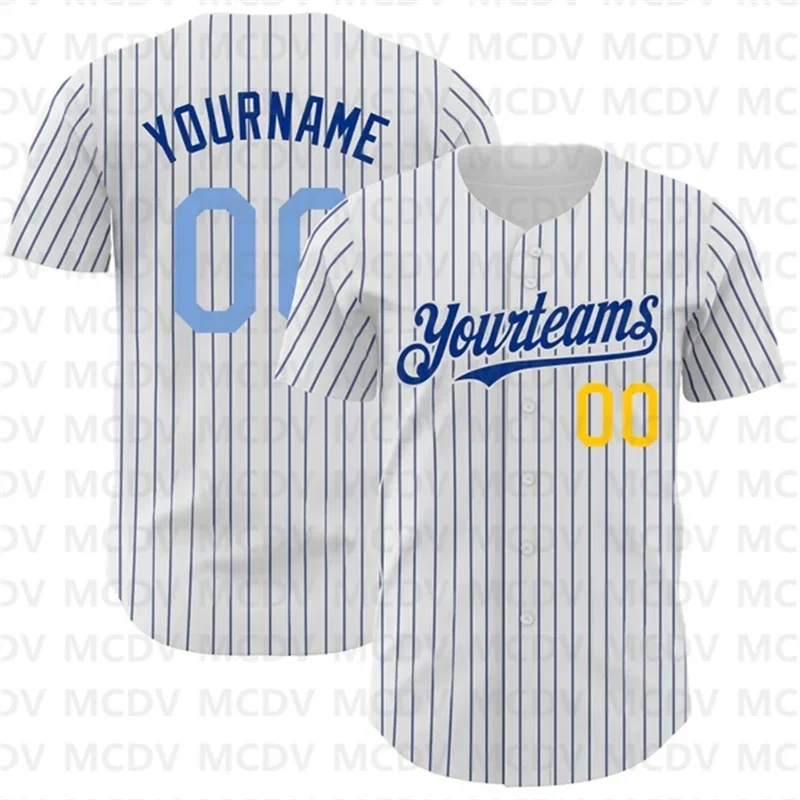 Custom White Royal Pinstripe Light Blue-Yellow Baseball Jersey 3D Printed Men Women Shirt Casual Team Shirts Sport Unisex Tops